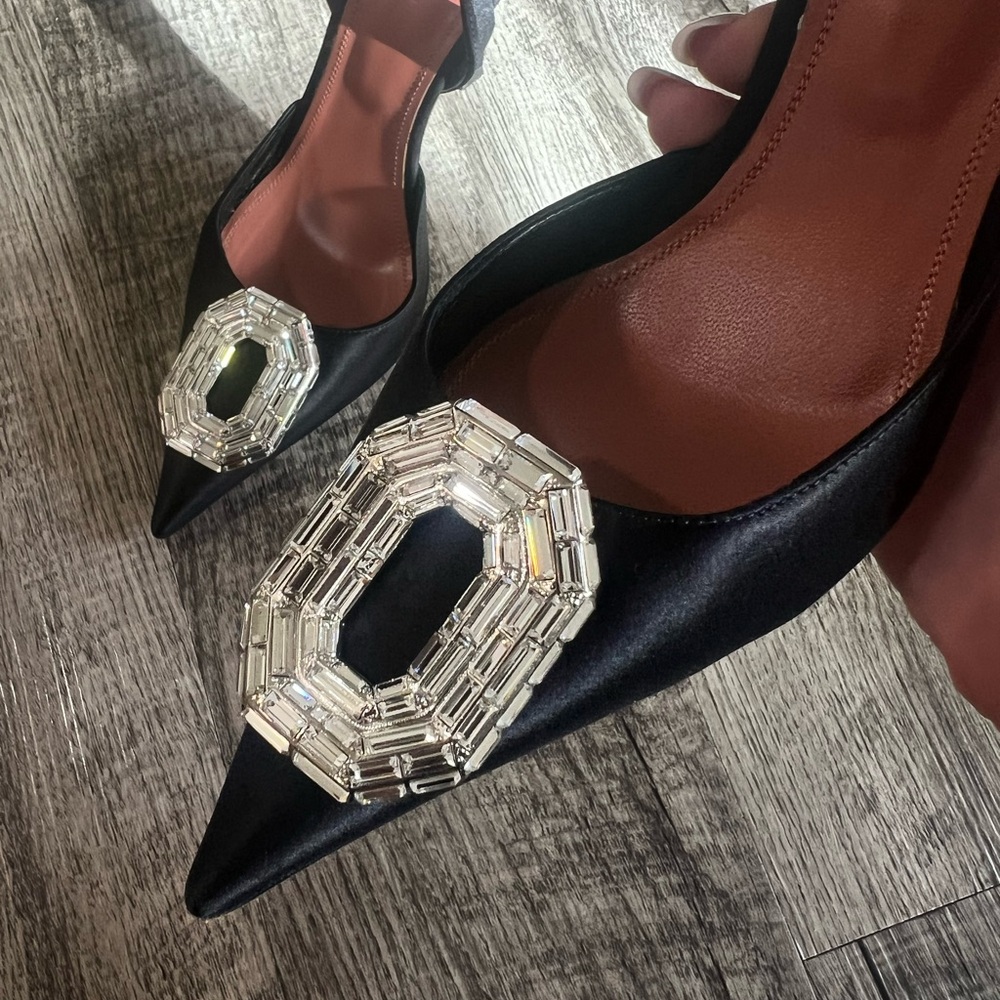 Amina Muaddi Black Satin Heels with Crystal Embellishment